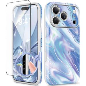 GVIEWIN for iPhone 17 Pro Case Compatible with MagSafe, with Screen Protector [Full Camera Protection] Military-Grade Shockproof Slim Magnetic Marble Phone Case for 17 Pro 6.3", Aurora/Azure Blue