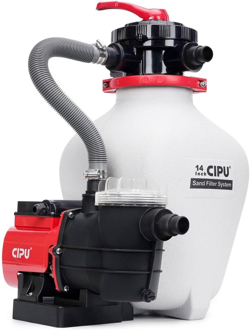 CIPU 14inch Sand Filter Pump System for Above Ground Pools, 3/4 HP Pool Pump with Timer and Filter Basket, 6-Way Multi-Port Valve for Seasonal Pool Filtration