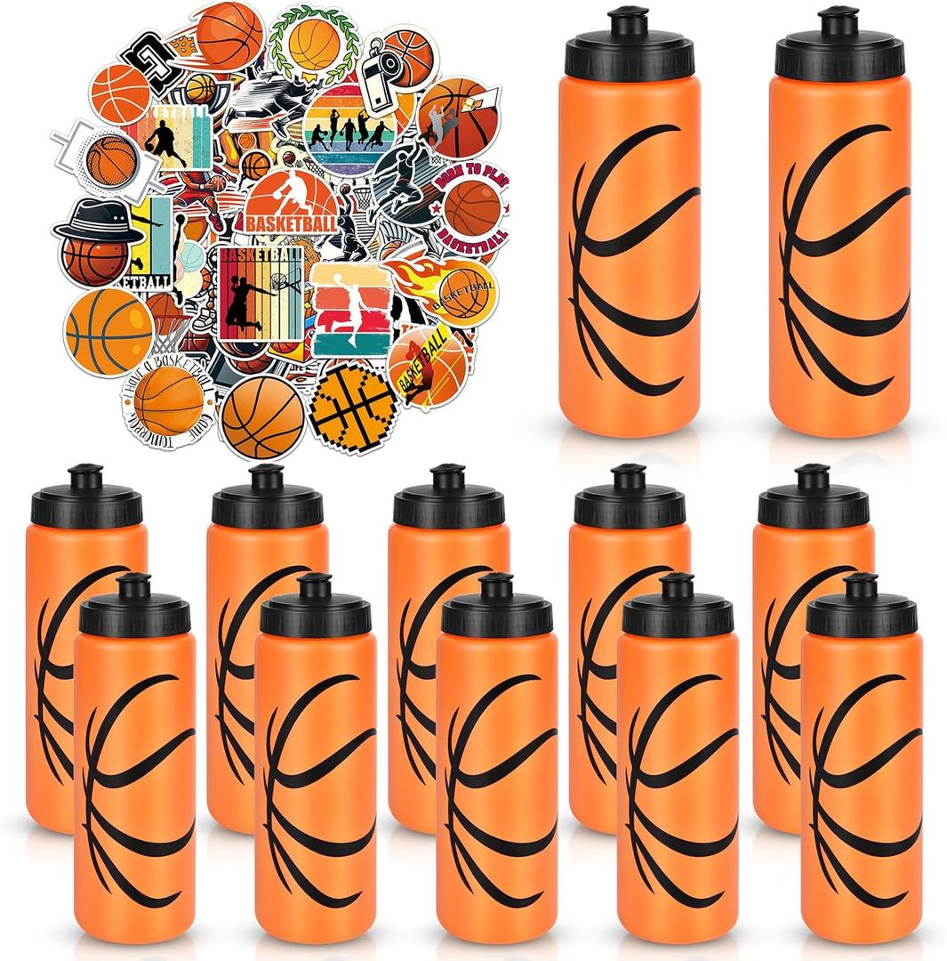 Basketball Party Favors, 12 Pack Basketball Water Bottles with 300 PCS Stickers, 20 oz Sports Squeeze Bottle, BPA-Free Reusable Water Bottles Bulk for Boys, Gifts For Team
