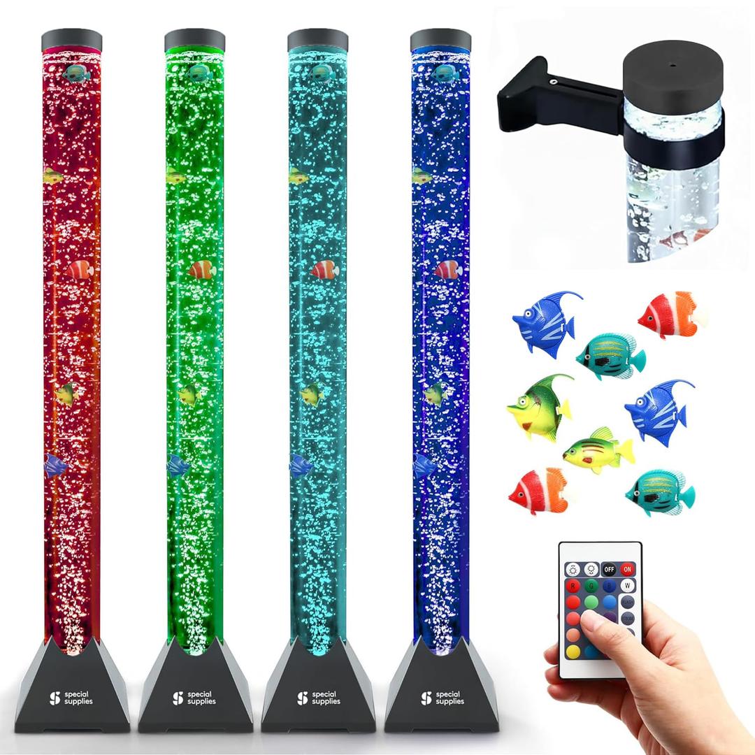 Special Supplies Aquarium Sensory Fish Bubble Light Tube with 16 LED Color Changing Nightlight Effect, Remote Control and Fish Colorful Floor Standing Lamp for Kids and Adults (4 feet) (Grey)