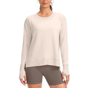 G Gradual Sweatshirt for Women Buttery Soft Yoga Tops Crewneck Modal Pullover Shirts Side Slit Thumb Holes (Small, Oats White)
