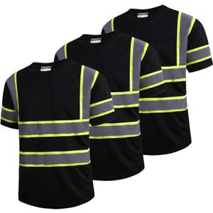 SKSAFETY High Visibility Safety Shirts for Men with Pockets 3 Pcs - Quick Dry Class 2 Hi Vis Construction Work Shirts for Men, Short Sleeve Breathable Birdeyes T-Shirts with Reflective Tapes (Black, 5XL)