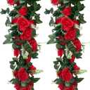 4Pcs 28Ft Red Rose Garland, Fake Flower Vines, Artificial Vine Flowers, Rose Hanging Garland for Party Wedding, Garden, Room Table, Christmas, Backdrop Wall Arch Decor