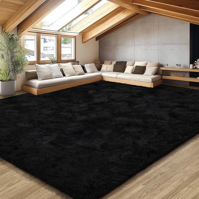 EVOIONOS 10x14 Washable Large Area Rug for Living Room, Fluffy Shag Rug for Bedroom, Ultra Soft Plush Non Slip Carpet for Indoor Floor Bedside Nursery Kids Girl Room Dorm, Home Decor Aesthetic, Black