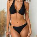 SOLY HUX Women's Halter Bikini Set V Neck Ring Linked Bathing Suit Summer Beach Two Piece Swimsuit (Black, M)