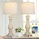 27.5" Farmhouse Table Lamp for Living Room Set of 2,Vintage Bedside Lamps with USB C+A Ports & AC Outlet,3-Way Dimmable Touch Control White Washed Finish Nightstand Lamp for Bedroom,Beige