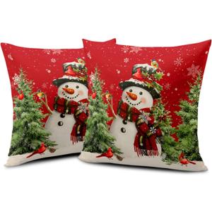 Wnoesat Snowman Christmas Red Throw Pillow Covers 18x18 Set of 2 Winter Snow Snowman Pine Tree Bird Print Decorative Outdoor Pillow Cases Xmas Farmhouse Pillowcase Winter Holiday Decor for Home Couch