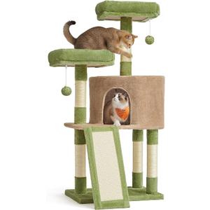Feandrea Cat Tree, 45.3-Inch Cat Tower, Plush Condo with Scratching Post, Ramp, Perch, Spacious Cave, for Small Space, Grass Green and Camel Brown UPCT141CB03