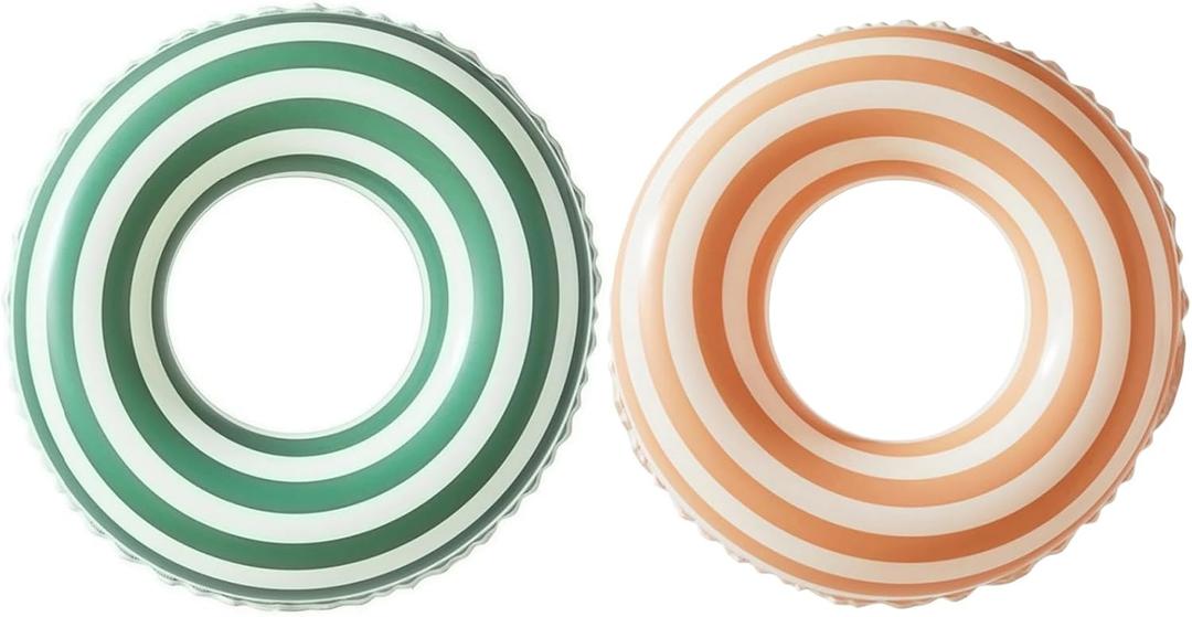 Swimming Pool Floats for Kids Ages 5-10, Inflatable Tubes With Simple Stripes, Cute Swim Rings, Floaties Water Toys for Beach Party (Lolly-Green+Orange)