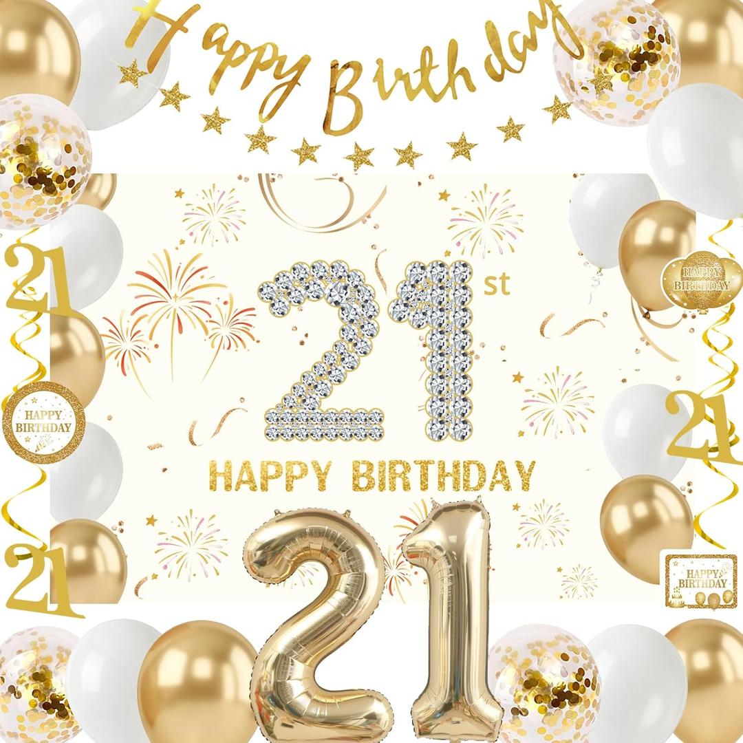 2 x 21st Birthday Decorations for Her Women, Champagne Gold 21 Bday Party Decor | 21st Birthday Banner Backdrop, Large Number 21 Balloon, Hanging Swirls, 21 Bday Party Balloons for Women