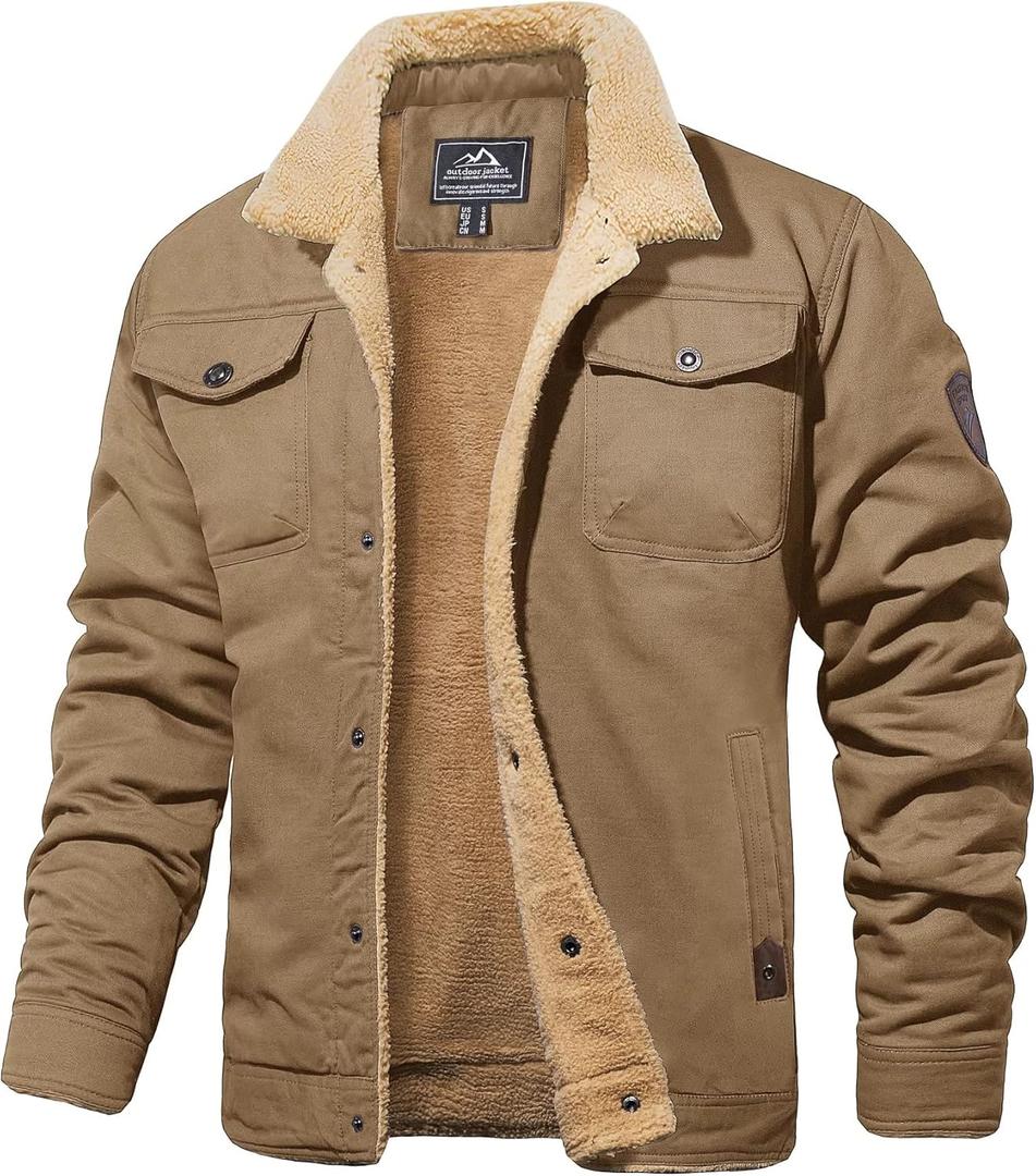 MAGCOMSEN Men's Winter Jacket Lined Sherpa Jacket Warm Trucker Coat Multi Pocket (Medium, Khaki)