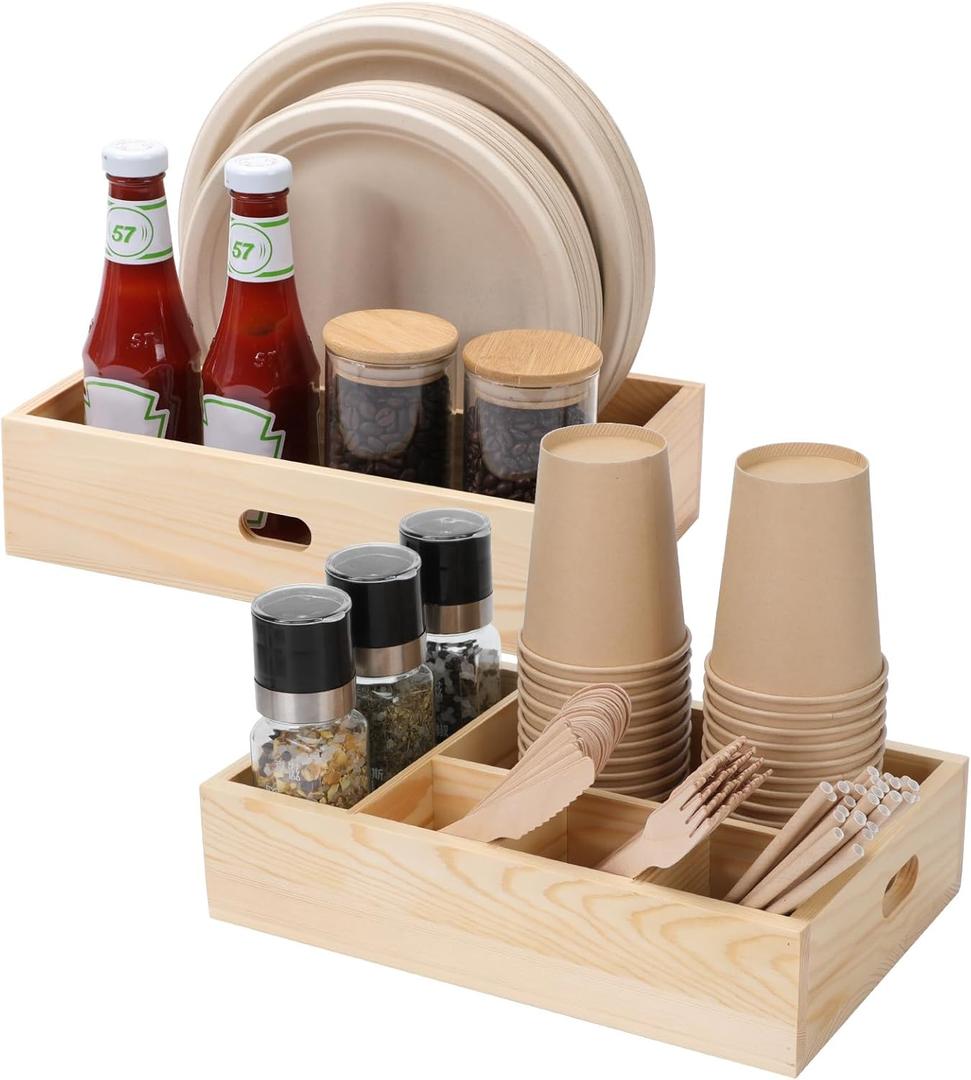 Utensil Holder for Party,Paper Plate Holders,Wood Silverware Organizer for Kitchen Countertop,Silverware Caddy,Essentials for Parties,Cutlery Flatware Organizer for Spoons Forks Napkins Cup,Set of 2