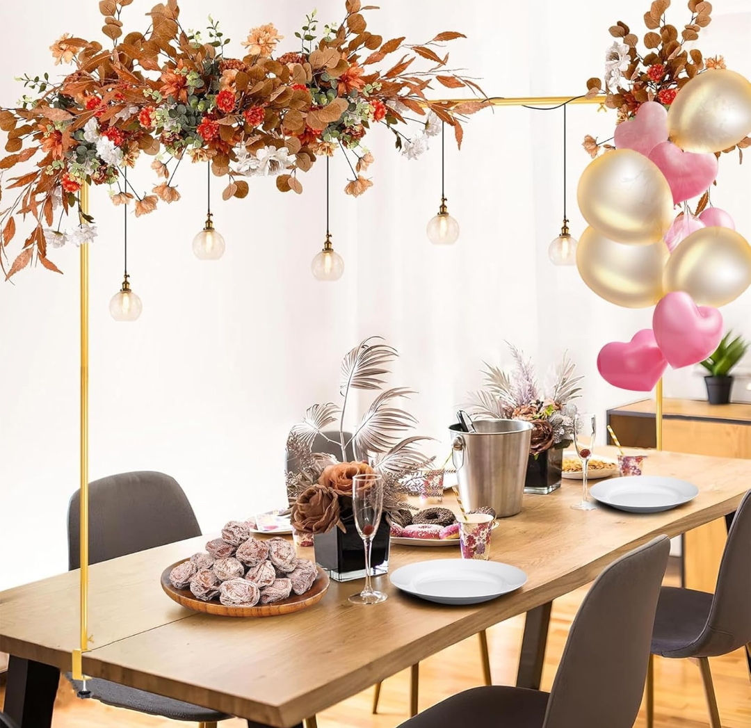 Over The Table Rod Stand with Clamps - Adjustable Tabletop Banner Holder for Party Decor, Balloon Arches, Garland Hanging - Durable Reusable for Weddings, Birthdays, Family Events (Gold)