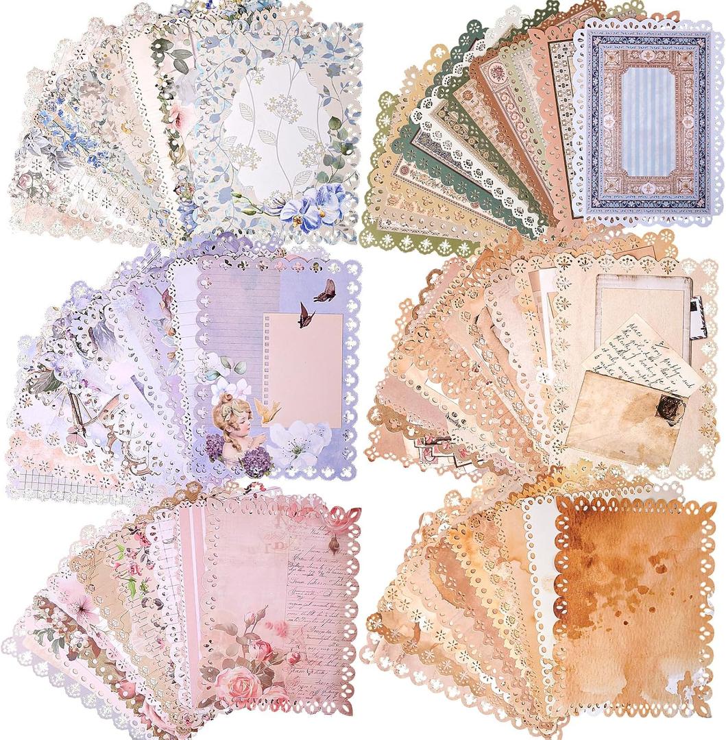 60 Sheets Vintage Lace Edged Scrapbook Paper Set  6-Pack Assorted Retro Stationery for Letters, Scrapbooking, Journals, Collages, and DIY Crafts (4.9x6.9 Inches)