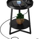 Gadroad Round End Table with Charging Station, USB Ports and Anti-Drop Fence, Wood Tabletop & Black Metal Frame, 2-Tier Side Table for Living Room, Bedroom, Black 15.7 * 15.7 x 23.0 inches