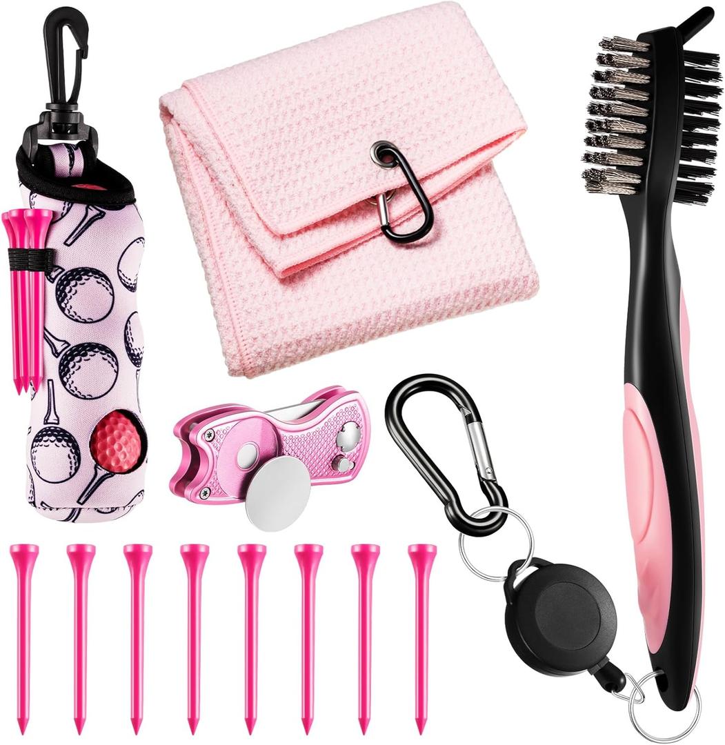Liliful 12 Pcs Golf Accessories Kit, Include Golf Ball Bag with Hook Towel Tees Magnetic Ball Marker Divot Tool Cleaner Brush for Women Man Gifts (Pink)