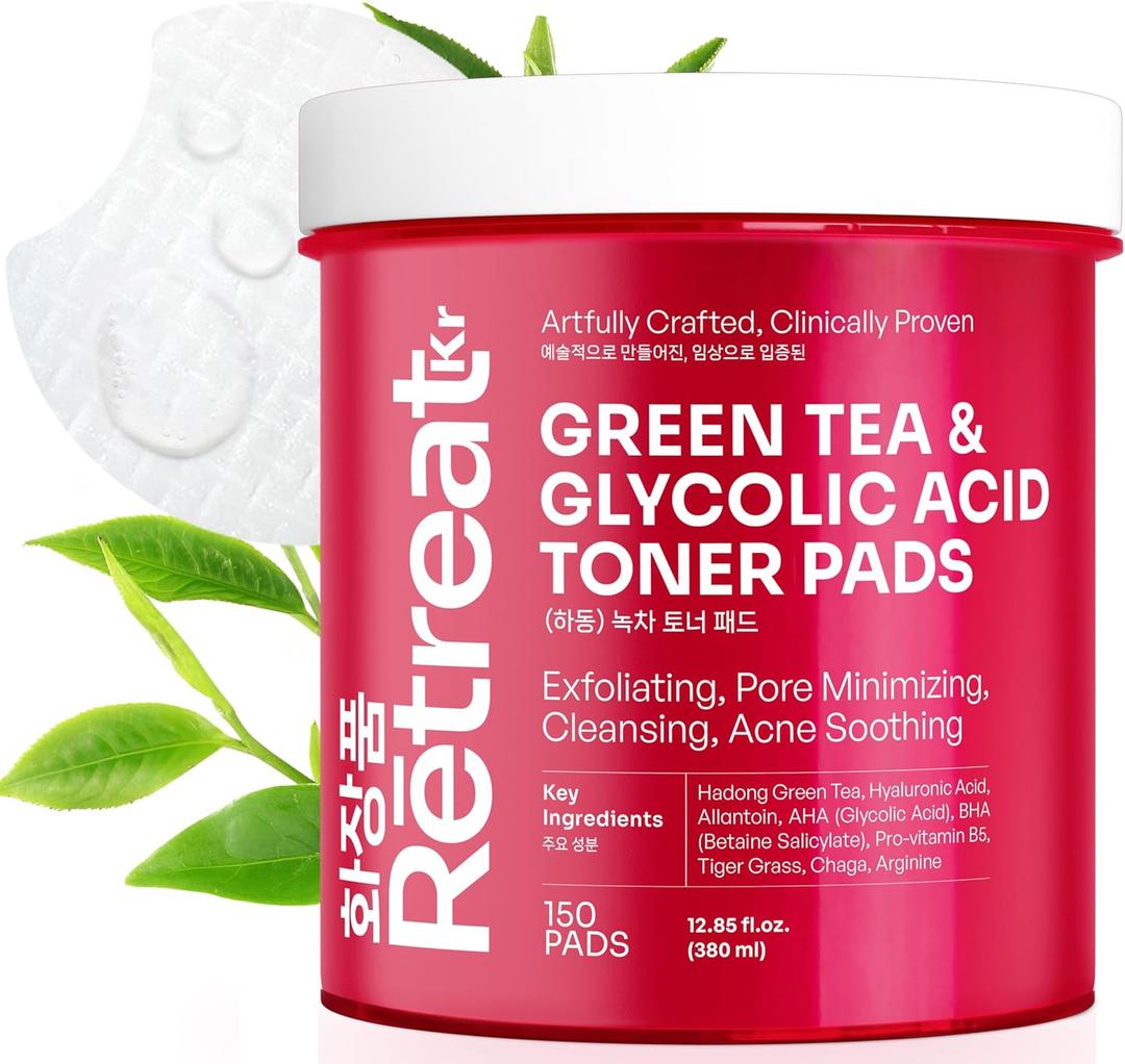 Glycolic Acid & Green Tea Toner Pads with Centella Asiatica, VIT B5, AHA BHA, 150 Exfoliating Pads, Dual Texture, Exfoliates Surface Skin and Reduces Fine Lines & Wrinkles, Brightens, Minimizes Pores