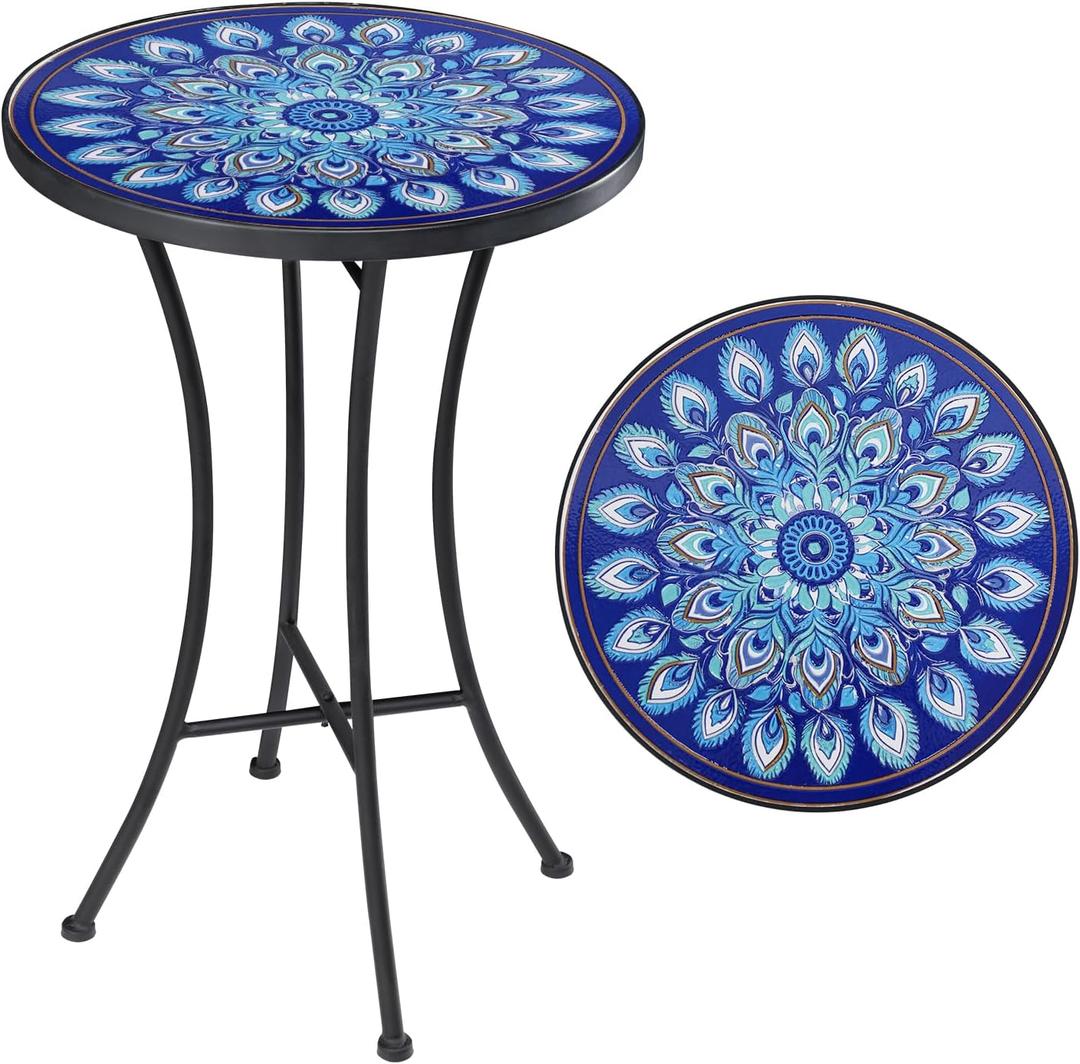 Vipush Mosaic Outdoor Side Table, 14" Round Folding Plant Stand for Patio Garden Backyard Balcony Porch Indoor Accent End Table for Living Room, Ceramic Tabletop with Black Iron, Blue Feather