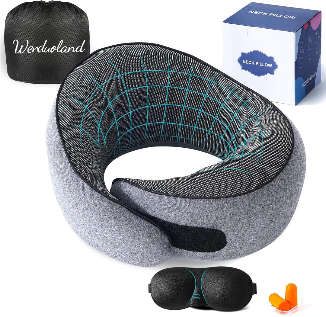 Ergonomic Memory Foam Neck Pillow for Traveling for Airplanes for Long Flights, Grey (Gray)