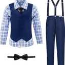 Boys' Suit Kids Formal Tuxedo Suits for Boys Wedding Outfits Dress Vest Pants Suspenders Set Adjustable Waist (Blue, 12Y)