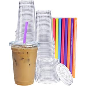 GUSTO [20 oz. - 100 Count Clear Cups with Flat Lids & Straws - Disposable Clear Drinking Cups for Iced Coffee, Cold Drinks, Milkshakes, and Smoothies - (Formerly Comfy Package)