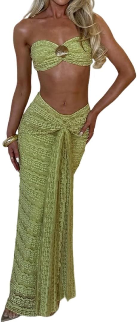 Womens Two Piece Sets Sexy Boho Tube Top and Long Wrap Maxi Skirts Set Summer Beach Vacation Outfits (Small, Green)