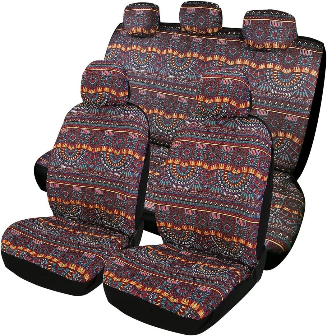 Baja Saddle Blanket Car Seat Covers 9PCS Full Set, Breathable and Washable Striped Woven Automotive Vehicle Seat Cover, Universal Boho Seat Cover for Sedan, SUV, Truck, Airbag Compatible