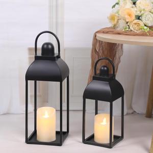 MATAHUM Lanterns Decorative Outdoor Indoor, Black Metal Outdoor Lanterns, 17'' 13'' Set of 2 Modern Farmhouse Candle Lantern Decor Rustic Lanterns Centerpieces for Patio, Front Porch, Mantel, Wedding