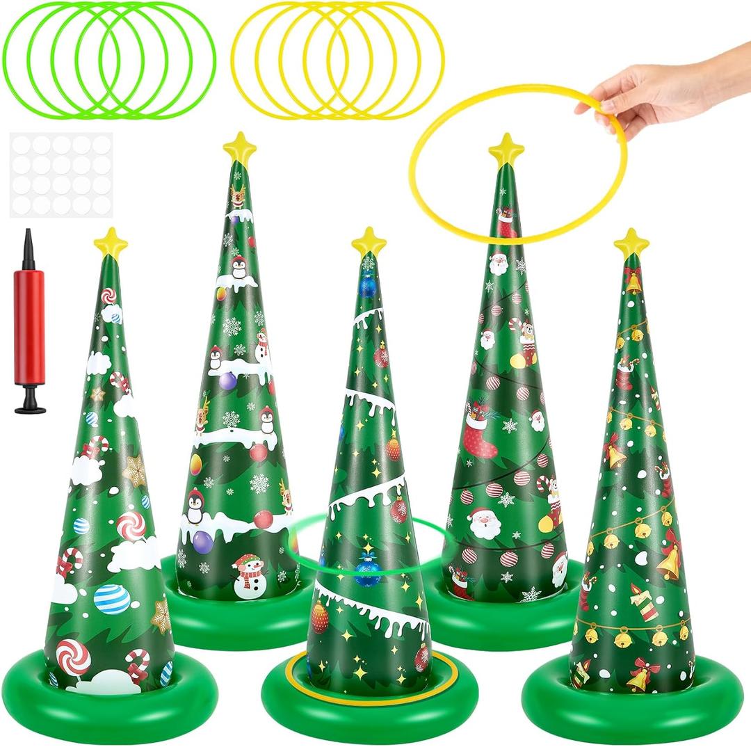 Christmas Games, 5 Pack Inflatable Ring Toss Game with 10 Plastic Rings Air Pump, Christmas Party Games for Kids Adults Family Indoor Outdoor Play