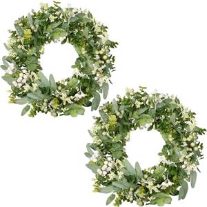 Vlorart Artificial Spring Summer Christmas Greenery Wreaths for Front Door Green Eucalyptus Leaf Wreath Decor Boxwood with Big Berries for Farmhouse Outside Year Round, 2 Pack