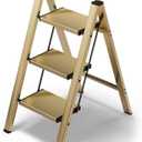 HillhutApex 3 Step Stool, Aluminum Foldable Step Ladder, Lightweight Stable Stool with Wide Non-Slip Pedals, 330lbs Bearing Capacity Ladder for Office,Home,Kitchen - Gold