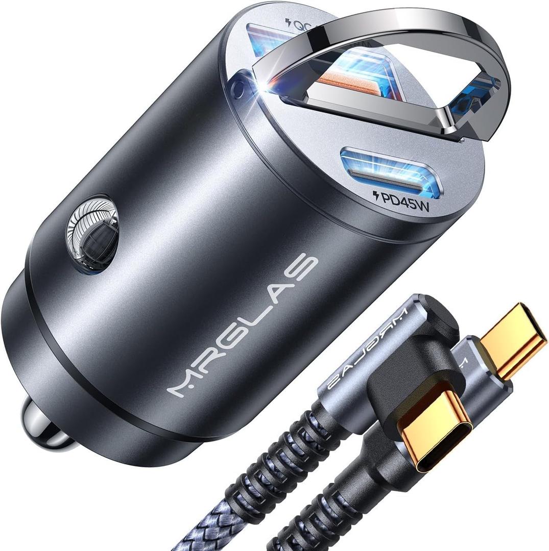 MRGLAS 90W Fast iPhone 17/16 Car Charger, USB C Car Charger with Type C Cable, PD45W & QC45W, Flush Fit, All Metal, Cigarette Lighter RV Power Adapter for iPhone 17 16 Samsung S26 S25 Ultra Pixel 10, Black