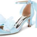 Coutgo Womens Bow Kitten Heels Sandals Square Open Toe Ankle Strap Satin Ribbon Wedding Dress Shoes Sky Blue, US 7