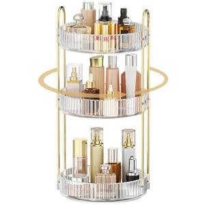 MOKANI 360 Rotating Makeup Organizer for Vanity, 3 Tier Adjustable Perfume Organizer for Dresser, Multi-Function Spinning Cosmetics Skincare Storage for Bedroom, Dresser, Countertop, Clear, Without Sticks And Tools