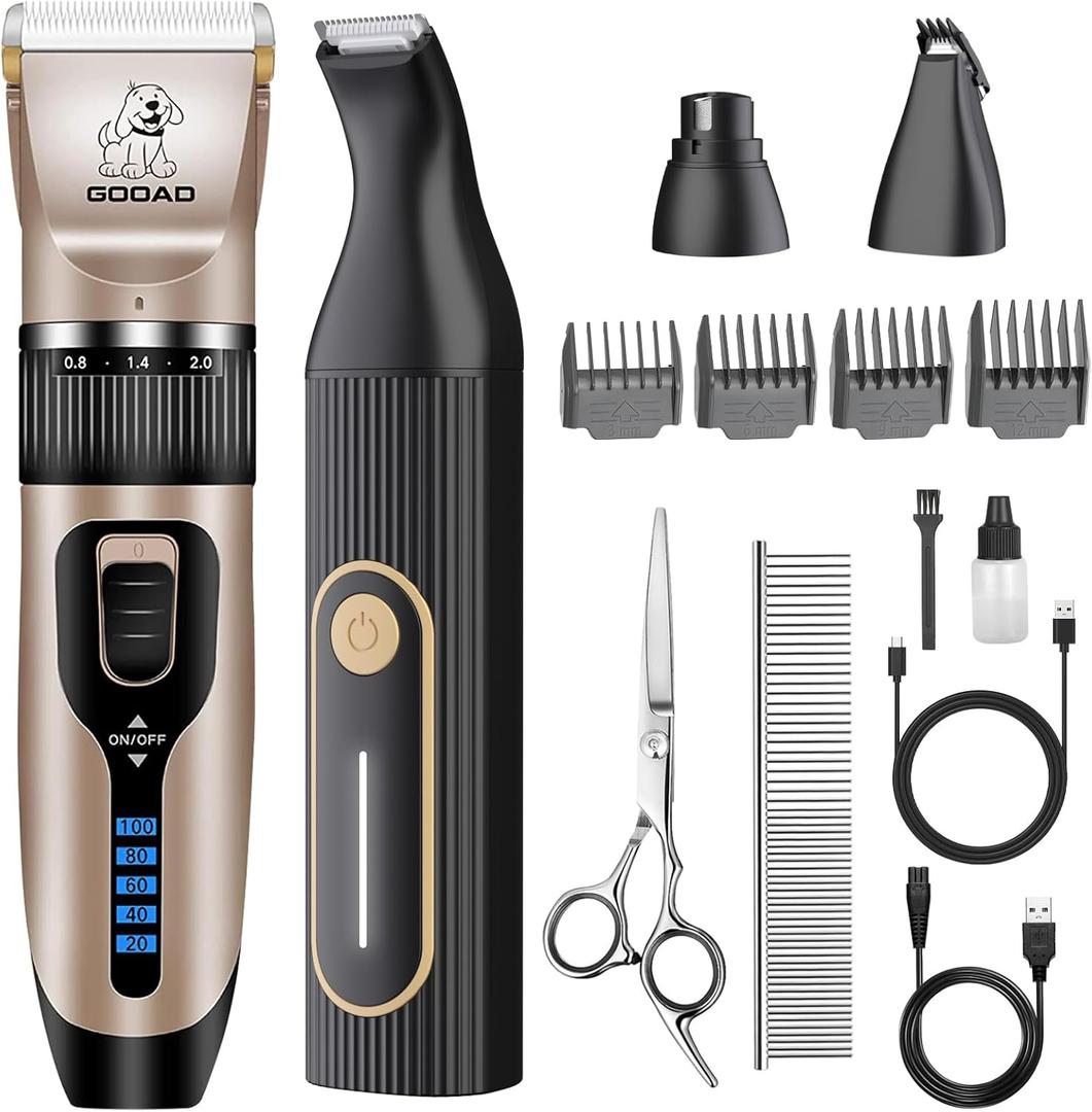 Dog Clippers for Grooming for Heavy Thick Hair&Coats,Low Noise Hair Trimmer,Rechargeable Cordless Pet Shaver, Dog Grooming Kit with Paw Trimmer Nail Grinder for Small Large Dogs (Gold & Black)