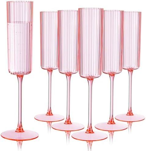 Ciaell 24 Pack Pink Plastic Champagne Flutes - 6oz Ribbed Disposable Champagne Glasses - Pink Vintage Mimosa Glasses with Long Stem, Elegant & Lightweight for Weddings and Party