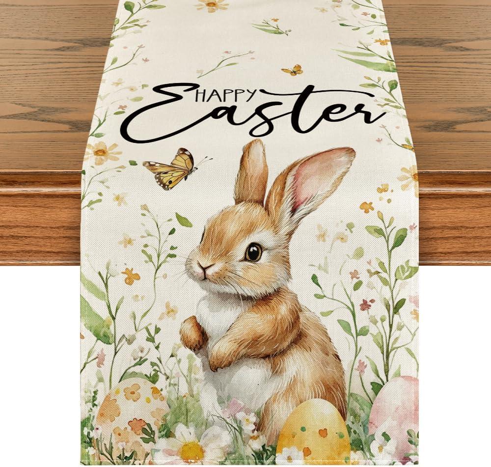 Artoid Mode Bunny Rabbit Butterfly Eggs Flowers Easter Table Runner, Seasonal Spring Kitchen Dining Table Decoration for Home Party Decor 13x108 Inch (Beige)