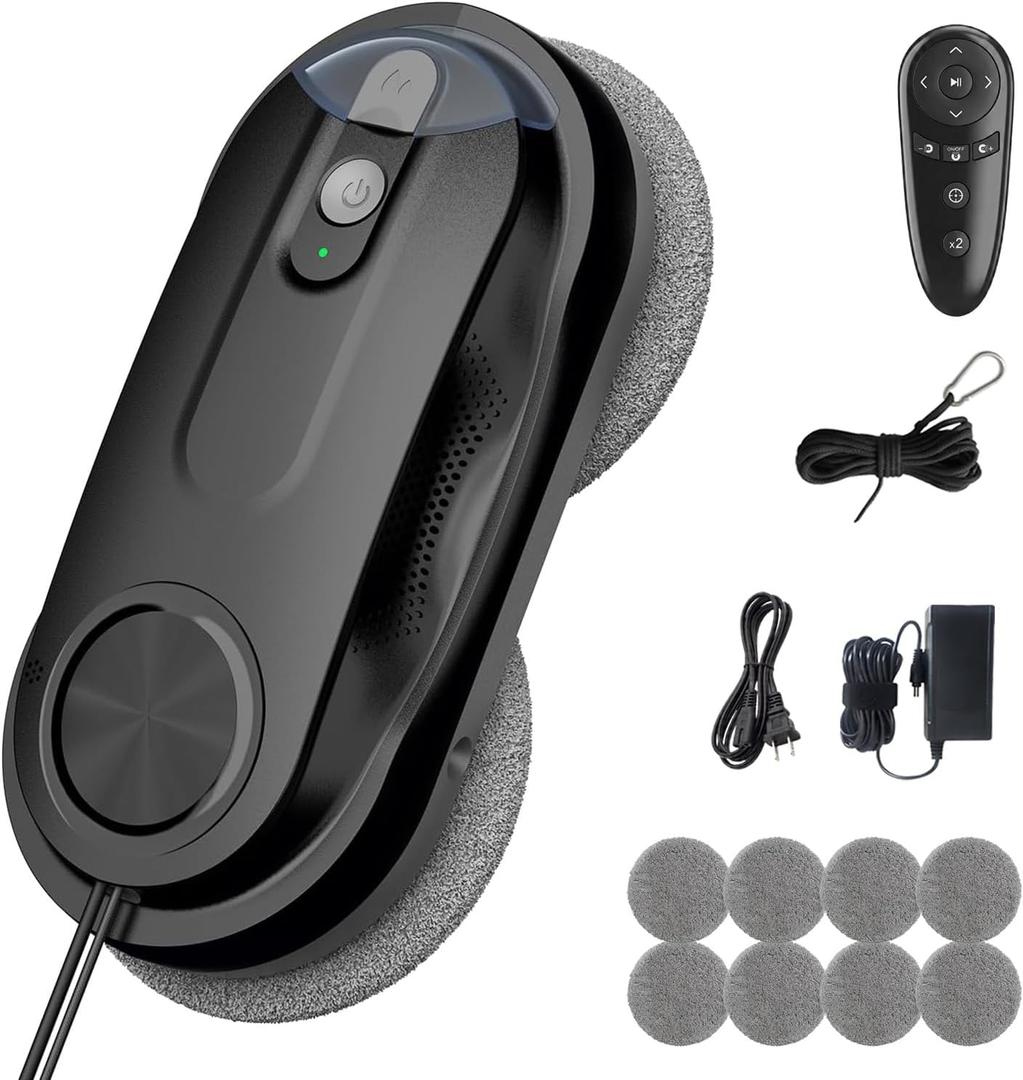 KKI Window Cleaning Robot with Dual Spray for High-Rise Windows,Black | Automatic,Max 3200Pa, 3 Cleaning Modes & Edge Detection, Remote Control,2 Pre-Installed 8 Replacement Cloths,85ml