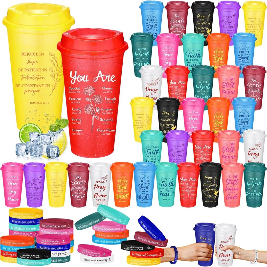 Pickmesh 72 Pcs Mother Day Christian Gifts Bulk 16oz Reusable Christian Coffee Cups with Lids and Bible Verse Bracelets, Religious Inspirational Gifts for Sunday School Church Party Favor, 6.81 x 4.17 inches