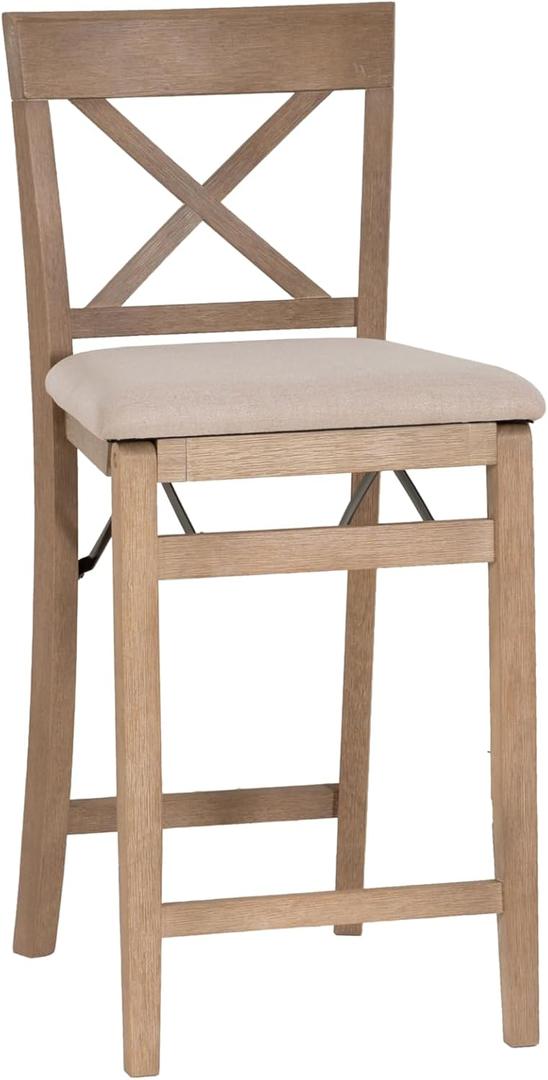 Linon Triena X Back Neutral Greywash Wooden Fully Assembled Folding 24 Inch Seat Height Counter Stool with Beige Upholstered Seat, Standard