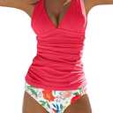 Beachsissi Women's Cute Floral Print Swimsuits V Neck Tummy Control Tankini Set Small