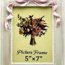 Vintage Picture Frame 5x7 Inch, Ornate Cute Photo Frames with Glass Front, Pink Bow Design, Tabletop & Wall Hanging, Girls Room, Gift Ideas, Pearly White