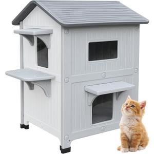 Plastic Outdoor Cat House with Escape Door, Waterproof 2 Story Outdoor Houses for Feral Cats Outside Cat Shelter, Spacious, Clean and Assemble Easily