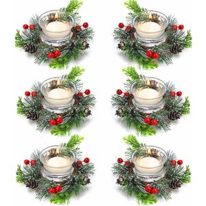 6 Pieces Christmas Candle Ring Artificial Red Berry Candle Holder with Pine Cones Christmas Wreath Rings for Xmas Home Dining Table Centerpieces Decor