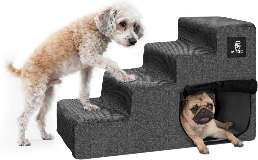 OneTigris Dog Stairs for Small Dogs, 4-Step Dog Ramp for Bed 22.5" H, Dogs Steps for Bed, Couch, Pet Stairs with Non-Slip Bottom Design, Cat Scratching, Pet Steps, Indoor, Grey