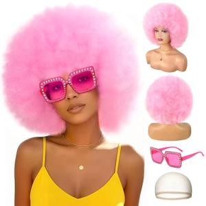 Colored Afro Wigs for Women Men 70s and Disco Sunglasses Set, Funny Wig with Curly Bouncy Huge Fluffy Puff and Oversize Retro Rhinestone Sunglasses - for Costume Cosplay Party (Pink)