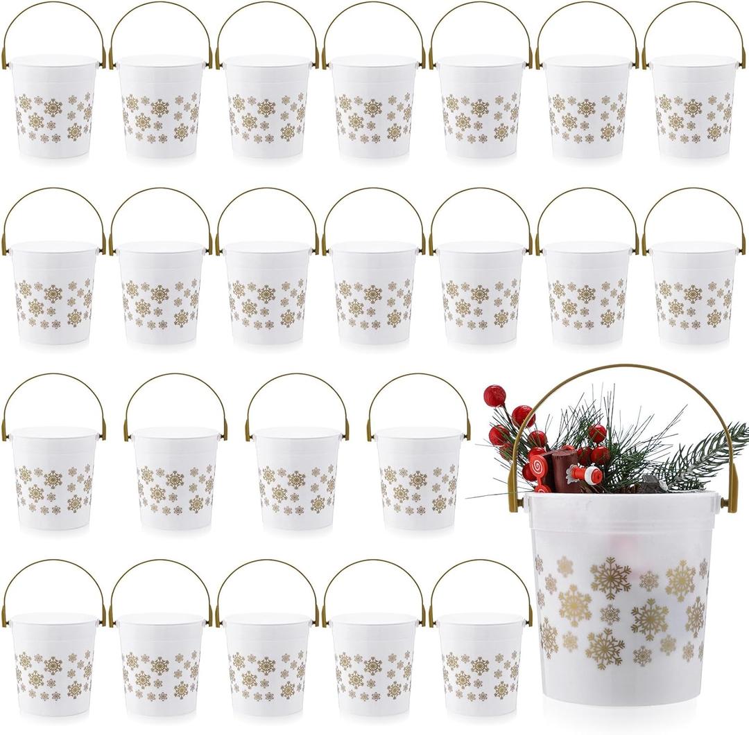 meekoo 24 Pcs Gold Snowflake Buckets with Handles Bulk 4.69 x 3.78 x 4.8 Inch Small Winter Holiday Buckets for Gifts Cute Candy Pails Holiday Storage Baskets for Winter Party