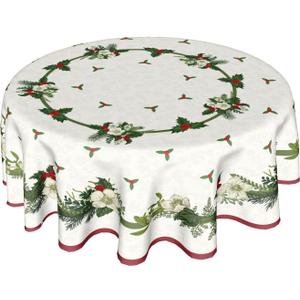 Merry Christmas Green Flower Wreath Tablecloth Round 60 Inch, Winter White Floral Polyester Circle Table Cloth Wrinkle Stain Resistant Washable Table Cover for Kitchen Room Party Picnic