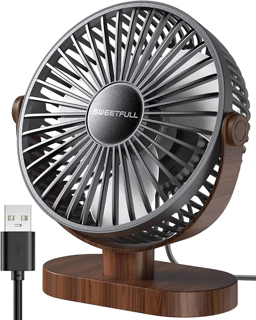 SWEETFULL 6.5 Inch USB Small Desk Fan, 3 Speeds Quiet Portable Desktop Table Fan, 360 Adjustment Personal Mini Fan for Home Office Car Outdoor Travel (Black wood grain)