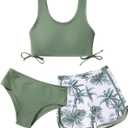 Girl's 3 Piece Bikini Bathing Suit Printed Sport Swimsuits with Shorts Cove Up Sets Teen Girl's Swimwear (11-12 Years)